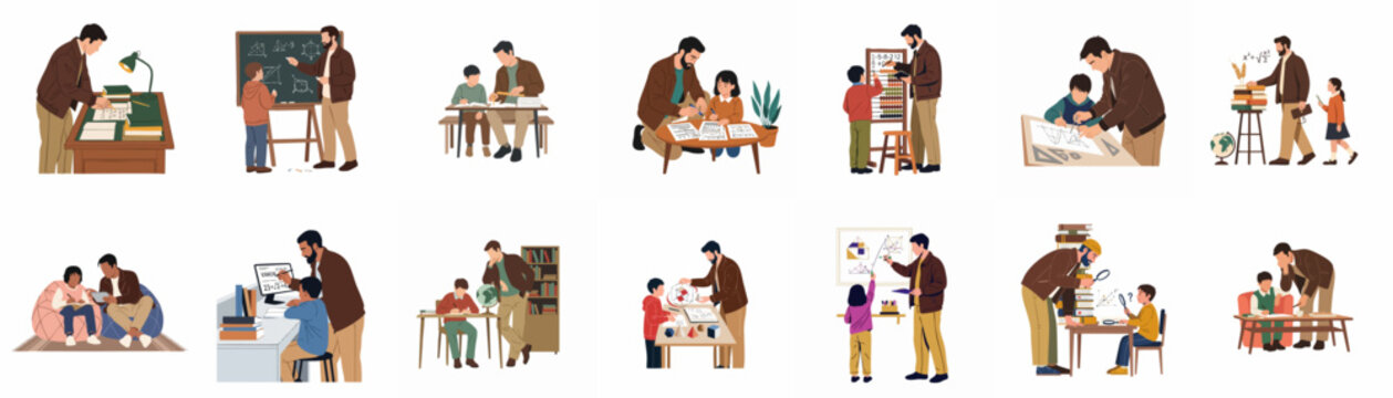 Flat illustration set of a father teaching and helping his children with homework, educational activities, and learning various subjects at home.