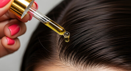 Naklejka premium Dropper applying golden oil serum to dark brown hair scalp image