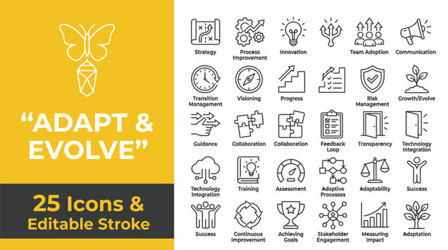 Business icons set for strategy, innovation and adaptation in editable format for marketing