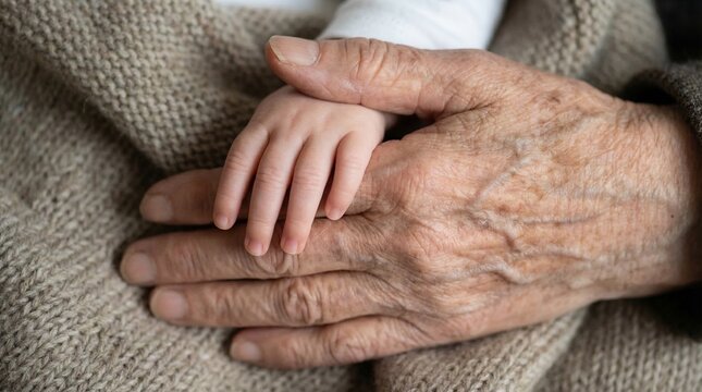 Close up of deeply wrinkled elderly hands gently holding the tiny hand of a newborn baby, generational family legacy.