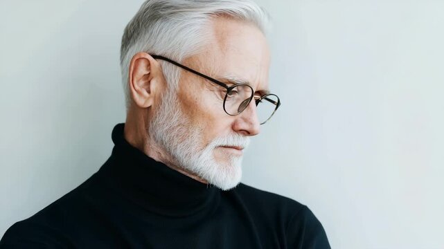 A senior man stands against a plain wall, wearing a black turtleneck. He closes his eyes, displaying a look of calm. His gray hair and glasses add to his stylish vibe