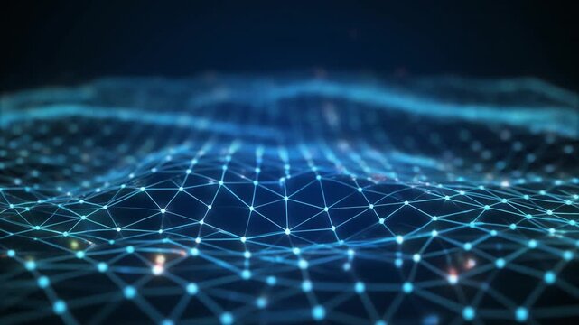 A futuristic network of glowing blue lines and dots connected in a complex pattern on a dark background viewed from above.