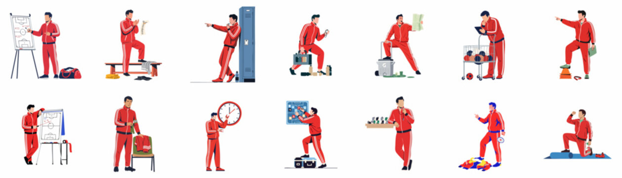 Collection of flat vector illustrations showing a professional sports coach in a red tracksuit performing various training and management duties.