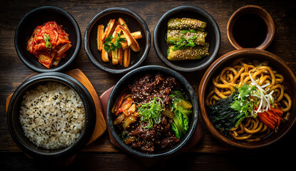 Authentic Korean Meal Set with Braised Beef, Rice, and Noodles on Dark Wooden Table