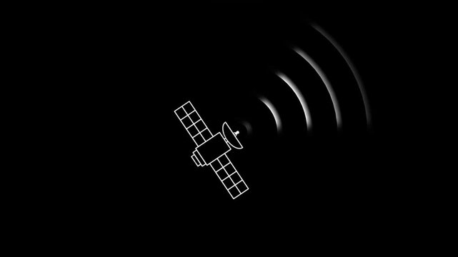 White outline of a satellite transmitting radio waves against a black background
