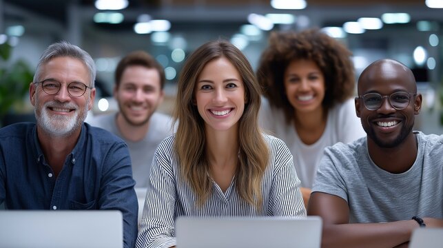 Diverse lachende Menschen in Team vor Laptop