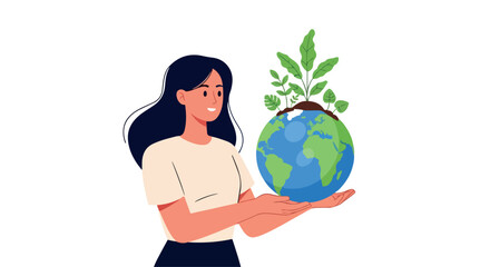 Fototapeta premium Illustration of a woman holding a green and blue earth globe with a sprouting plant on top, conveying an eco-friendly and sustainable concept.