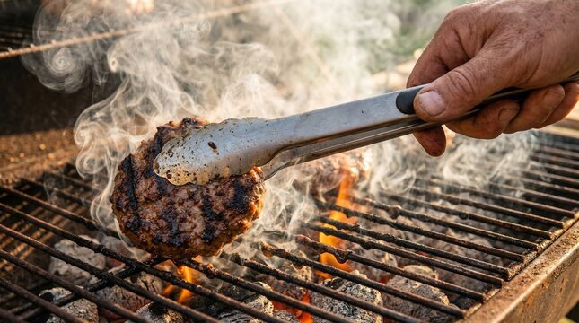 Close up of tongs flipping a juicy smoking burger patty on a hot outdoor barbecue grill.