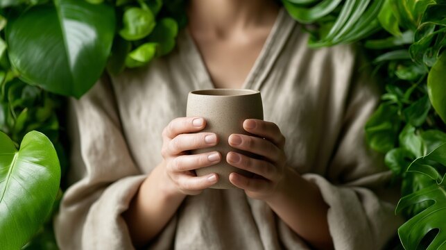 Frau h&auml;lt Kaffeebecher vor gr&uuml;nen Pflanzen