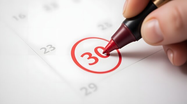 A hand highlights the thirtieth day on a calendar using a red marker, emphasizing an important date or deadline