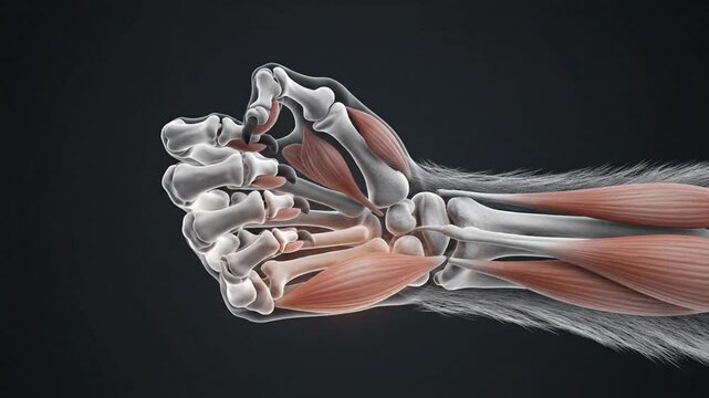 Detailed 3D Anatomy of Human Hand Muscles and Bones Flexing in a Fist Gesture Against a Dark Gradient Background Illuminated by Warm Orange Light
