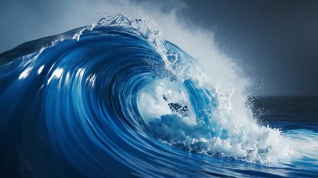 Dramatic slow motion of a giant ocean wave breaking with crashing foamy water in a swirling ocean