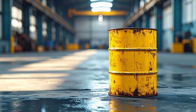Yellow metal barrel standing on concrete warehouse floor. Container for dangerous substances, biohazard, industrial storage, safety and warning