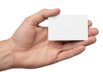 Obraz premium A hand holding a blank white card ideal for mockups on transparent background