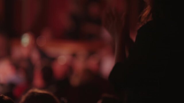 A person's silhouette is seen from behind as they clap their hands in a dark, crowded venue. The background is a warm, out-of-focus bokeh of the audience at a concert, show, or performance.