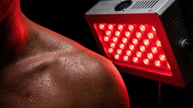 Close up of a sweaty athlete bare shoulder undergoing deep red LED light therapy, muscle recovery.