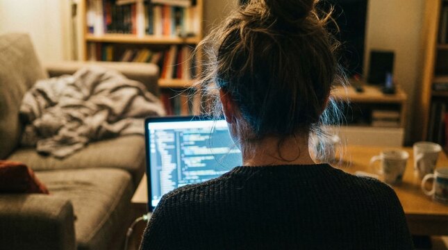 Over the shoulder view of a person working late at night on a laptop with lines of code, programming concept.