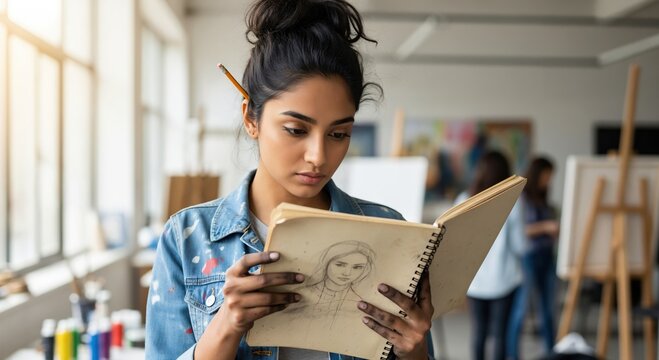 Focused young South Asian woman artist looking at pencil sketch in studio classroom