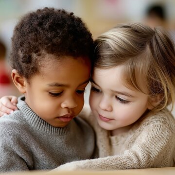 Dunkelh&auml;utiger Junge und blondes M&auml;dchen umarmen sich z&auml;rtlich