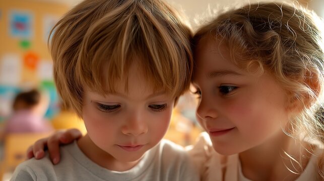 Kleiner Junge und M&auml;dchen umarmen sich liebevoll im Kindergarten