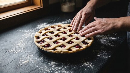 POV of hands carefully arranging a decorative lattice crust on a fresh berry pie, Thanksgiving baking. © Omishu Makes