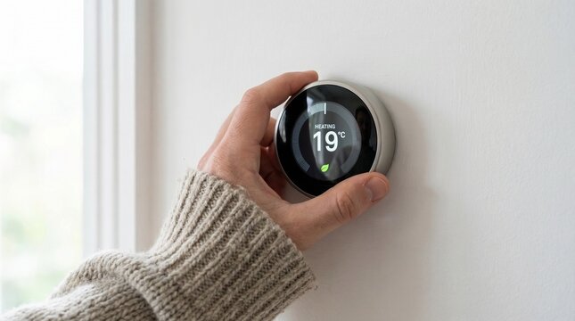 Modern circular smart thermostat mounted on a white wall displaying 19 degrees, home automation concept.
