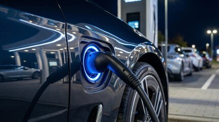 Close up of an electric vehicle connected to a charging station with a glowing blue plug, sustainable mobility concept. © Omishu Makes