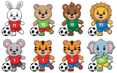 Fototapeta premium Cute Cartoon Animals Playing Soccer with Balls and Uniforms
