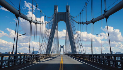 Fototapeta premium A symmetrical view down a suspension bridge with a blue sky and scattered clouds