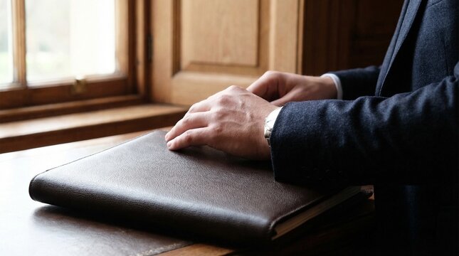 Close up of a businessman hands resting on a brown leather portfolio folder on a wooden desk, waiting for interview.