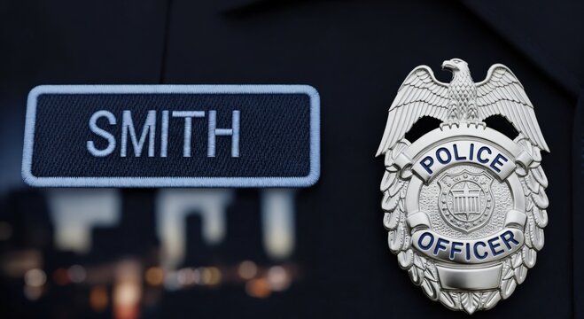 Police Officer Uniform Detail with Silver Eagle Badge and Smith Name Patch