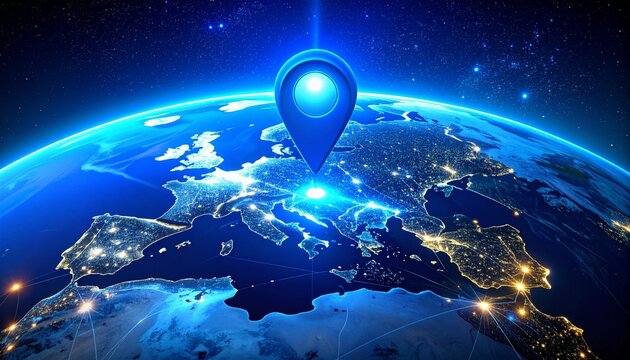 Futuristic glowing globe with blue location pin over Mediterranean, symbolizing navigation, mapping, and global connectivity through geographic information systems.