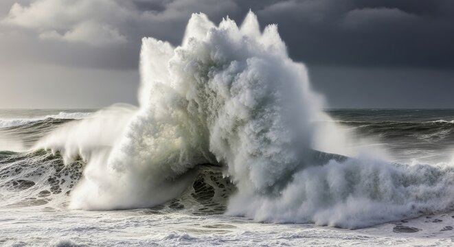 Gigantic Powerful Ocean Wave Crashing with Immense Force and Spray Amidst a Stormy Sea