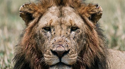 Close up portrait of a majestic wild African lion with facial scars, wildlife predator and survival concept. © Omishu Makes