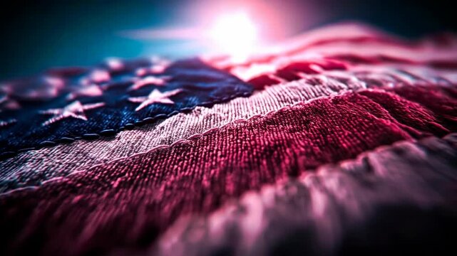 Cinematic macro of the United States flag fabric with dramatic lighting as a patriotic background for national pride and social heritage.