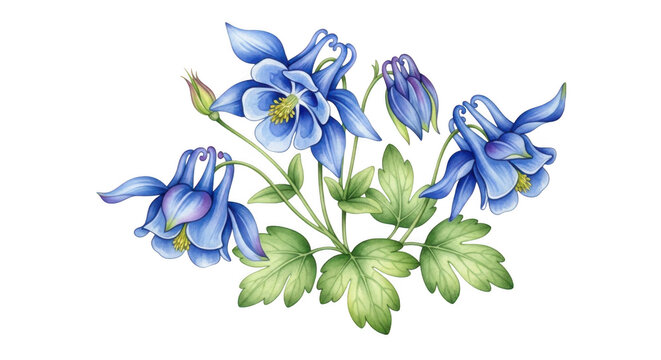 Blue columbine flowers isolated on transparent background