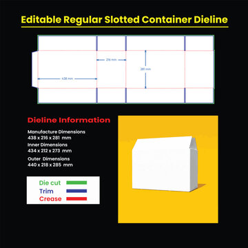 Editable Regular Slotted Container Dieline With Dimensions And Example Box packaging template
