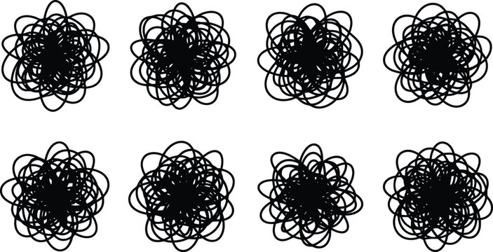 Ocho formas circulares abstractas y garabateadas en negro sobre un fondo blanco, representando caos o confusi&oacute;n.