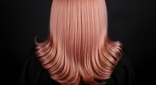 Rose gold hair styled in soft waves against a black background pink copper