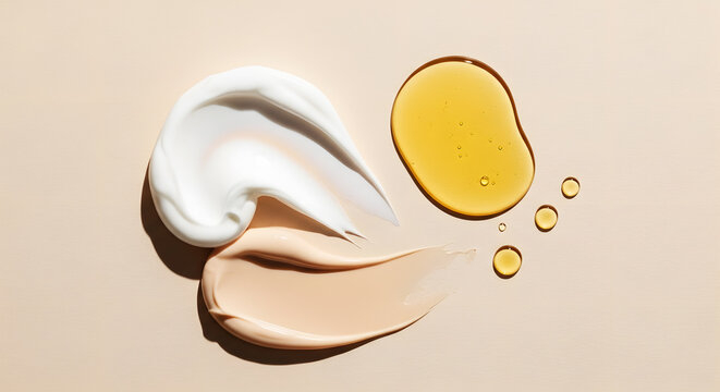 Swirls of white cream beige foundation and golden serum drops on neutral background