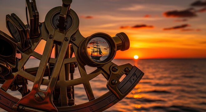 Polished Brass Sextant Reflecting a Sailing Ship Silhouette at Golden Sunset Over the Ocean