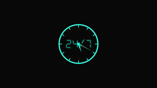 Clock icon animation on black background.  Clock icon flat style 24 hours day fast speed with moving timer clock.