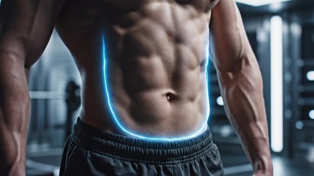 Muscular male torso in a dimly lit gym with glowing blue abdominal outline symbolizing fitness and core strength training and healthy lifestyle
