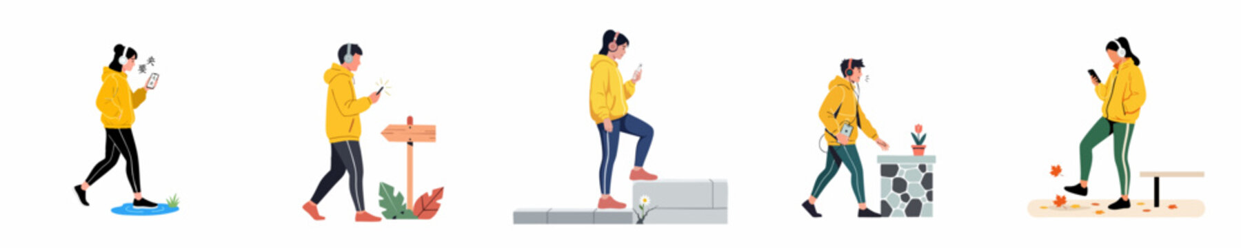 Set of illustrations showing distracted people using smartphones and headphones while walking outdoors, highlighting the dangers of digital preoccupation in daily life.