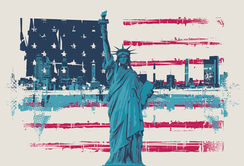Vector banner with Statue of Liberty, american flag, cityscape and skyscrapers. USA illustration in grunge style. T-shirt design, tourist signboard, tourist postcard. Not AI © paseven
