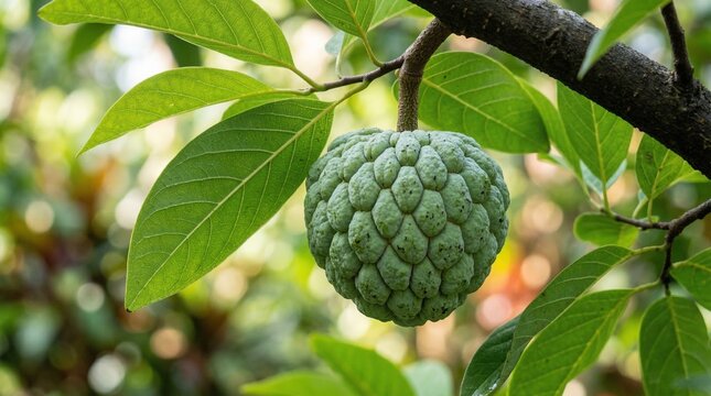 Close up of green custard apple fruit hanging on tree branch with fresh leaves in natural garden light tropical fruit agriculture concept