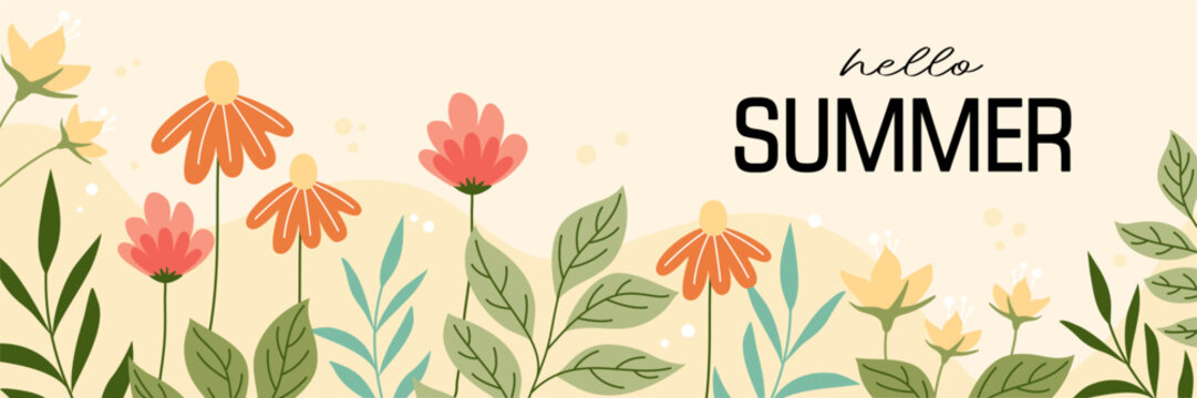 Horizontal summer banner with flowers and the text "Hello Summer"
