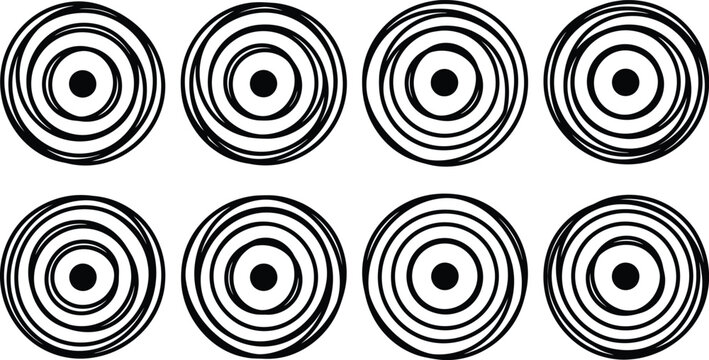 Ocho c&iacute;rculos conc&eacute;ntricos con espirales y un punto central negro en cada uno.