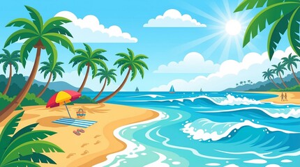 Obraz premium Sunny Tropical Beach Landscape Vector Illustration