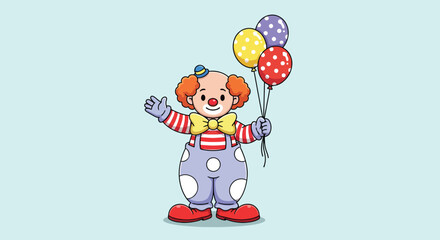 Cute cartoon clown holding colorful balloons happy and friendly character.